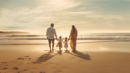 Couple with child on beach in fall : Generative AIの素材