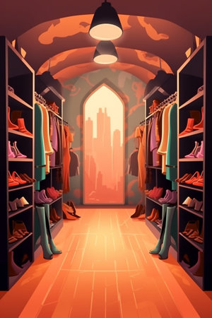 Empty storage room wardrobe cloakroom interior organization with shelving hanging rails and shoe racks : Generative AIの素材