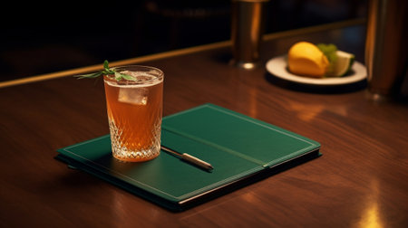 Leather menu lying on a restaurant table : Generative AIの素材