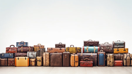 Travel concept Wall of vintage suitcases background : Generative AIの素材
