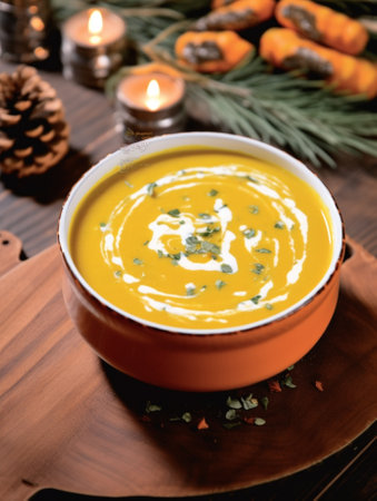 Pumpkin soup decorated with cream : Generative AIの素材