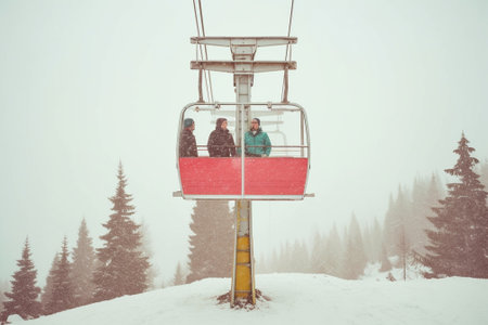 Red gondola car lift on the ski resort over forest trees : Generative AIの素材