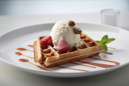 Waffle served with ice cream at the restaurant : Generative AIの素材