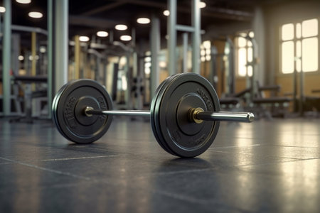 Weight lifting bars and weights in gym : Generative AIの素材
