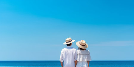 Beautiful young couple enjoying in the summer sea view : Generative AIの素材