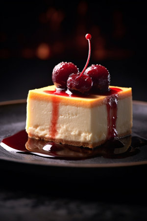 Ice cream dessert served on a black stone in the restaurant with morello glazed red cherries : Generative AIの素材