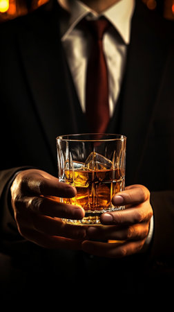 Tasting and degustation concept Handsome businessman in casual suit with glass of whiskey : Generative AIの素材