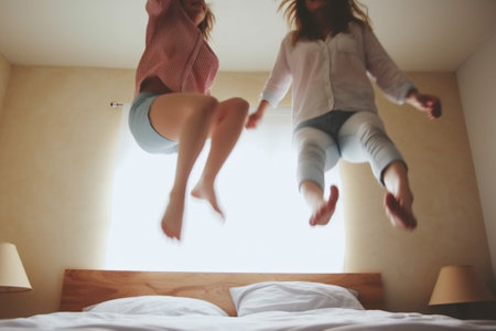 Two young girls jumping on the bed : Generative AIの素材