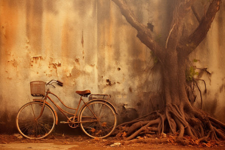An old rusty bicycle leaning against a grungy wall : Generative AIの素材