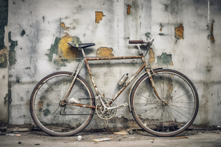 An old rusty bicycle leaning against a grungy wall : Generative AIの素材
