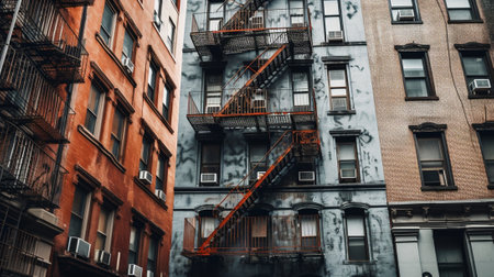 Black fire ladders on the side of building : Generative AIの素材