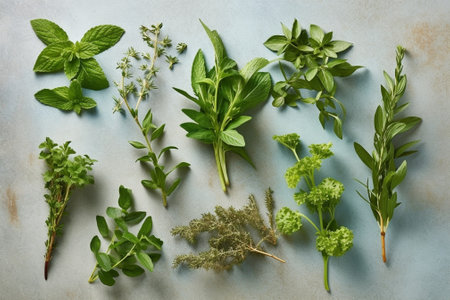 Fresh aromatic herbs on old stone background : Generative AIの素材