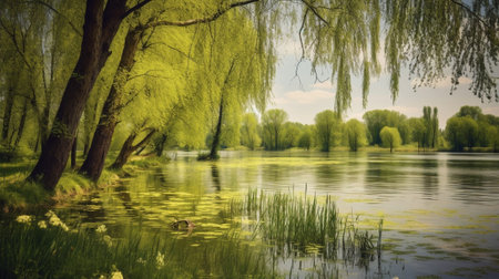 Landscape spring on the lake : Generative AIの素材