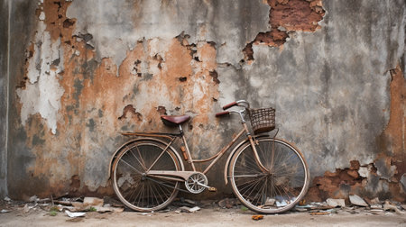 Old rusty vintage bicycle near the concrete wall : Generative AIの素材