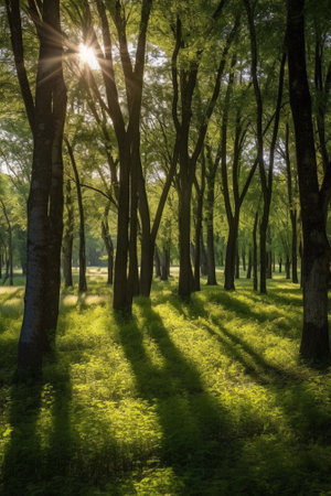 sunlight in trees of green summer forest : Generative AIの素材