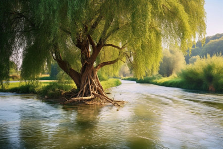 tree near the water of river in sunny spring day : Generative AIの素材