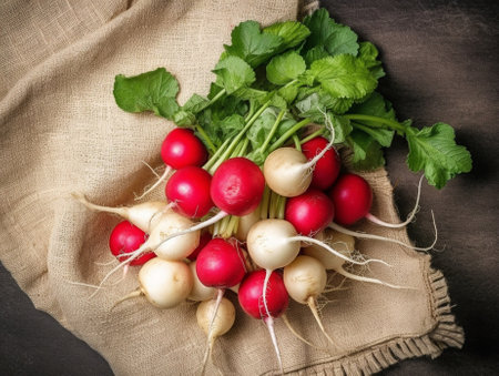 Fresh bunch of radish on wooden table : Generative AIの素材