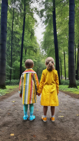 Young pretty girls in yellow jackets and red rubber boots sitting on a wooden fence in autumn forest Copy space : Generative AIの素材