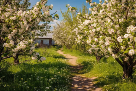 Blossoming apple orchard in spring : Generative AIの素材