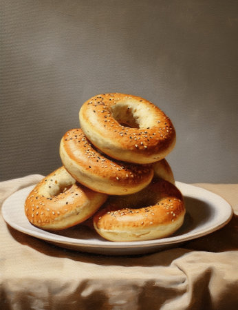 Freshly baked bagels sprinkled on the green background : Generative AIの素材