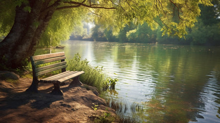 Park Bench Under A Tree Overlooking The River : Generative AIの素材