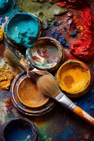 oil paints and paint brushes on a palette : Generative AIの素材