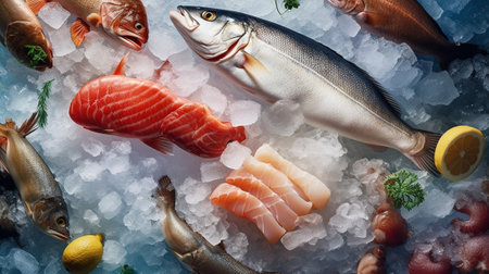 Raw Fish crab and other seafood on ice : Generative AIの素材