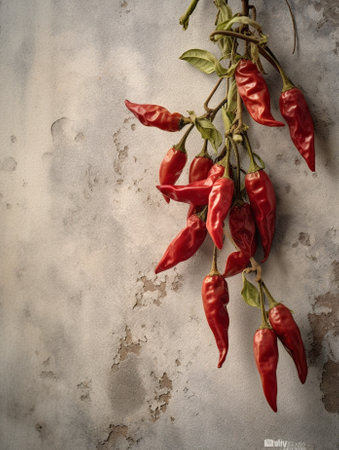 Dried red hot peppers on the wall Traditional drying paprika for spice and powder : Generative AIの素材