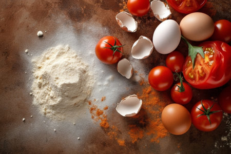 Dough egg ham peeled tomato Top view with copy space : Generative AIの素材
