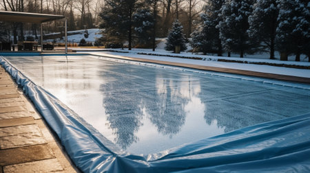 Frozen swimming pool under the snow on the back yard Winter time : Generative AIの素材