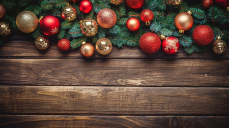 Merry christmas text and Christmas decorations on a wooden background : Generative AIの素材