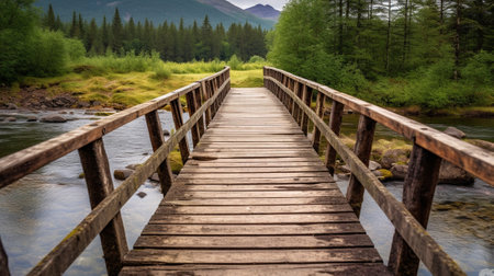 small wooden suspension bridge on the river : Generative AIの素材