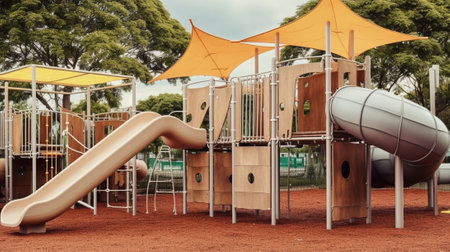 childrens wooden playground with slides : Generative AIの素材