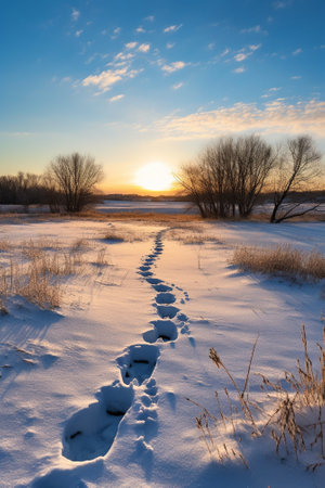 trail on snow on sunset background : Generative AIの素材