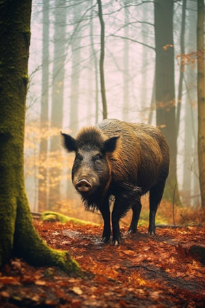 A large feeding pig stands on yellow leaves in the autumn forest High quality photo : Generative AIの素材