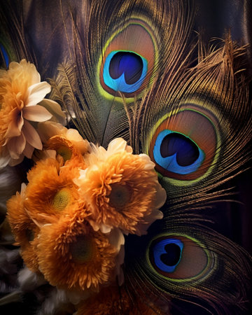Arrangement of a festive wedding lunch with a peacock feather : Generative AIの素材
