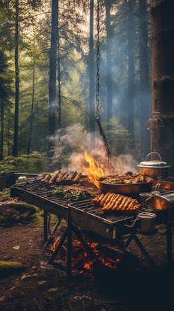 Barbecue with firewoods flame and smoke on the back yard Picnic concept Focus is at woods : Generative AIの素材