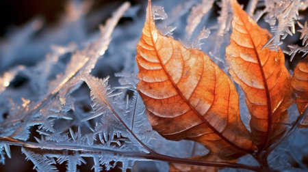 Autumn with maple leaves frozen in ice : Generative AIの素材