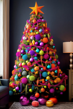 Christmas tree with decorations and colorful light bulbs : Generative AIの素材