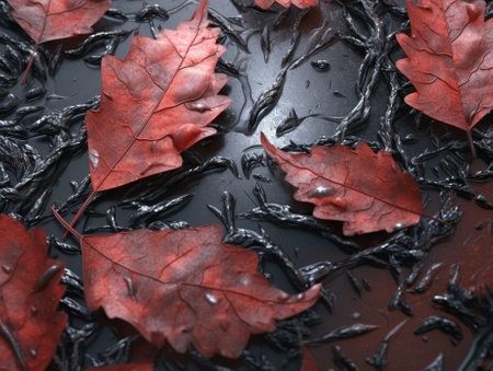 Autumn with maple leaves frozen in ice : Generative AIの素材