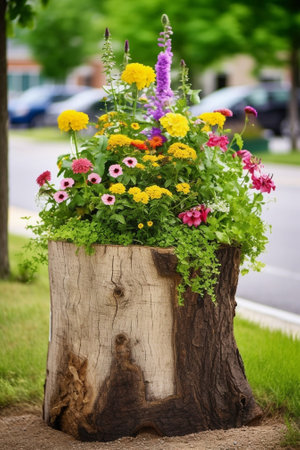 Beautiful Petunia flowers grow on a stump garden decoration : Generative AIの素材