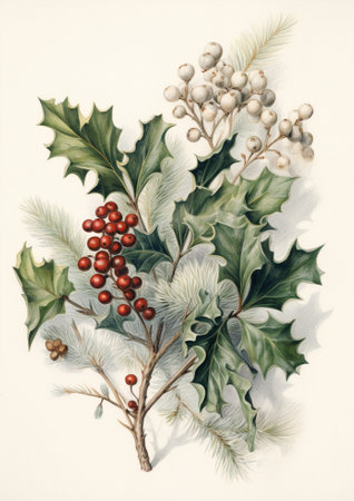 Christmas decoration of mistletoe holly with berriesivy and pine cones : Generative AIの素材