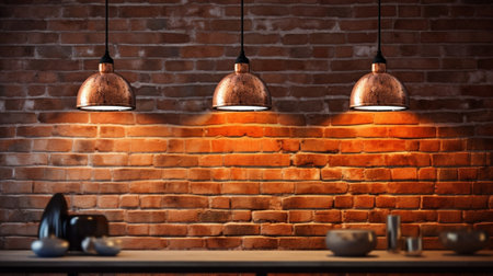 Closeup of three turned on light bulbs on brown brick wall background : Generative AIの素材