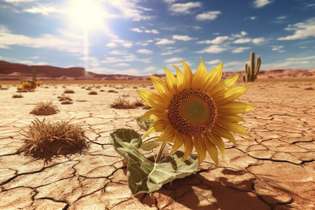 Dried sunflowers Sunflower dry soil of a barren land : Generative AIの素材