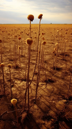 Dried sunflowers One sunflower dry soil of a barren land : Generative AIの素材