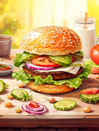 Colored illustration of burger on old wooden background Burger menu collection Fast food theme : Generative AIの素材