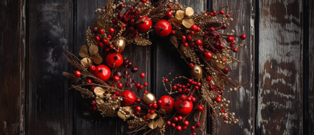 Christmas wreath decoration in red and brown classical style in the womans hands : Generative AIの素材