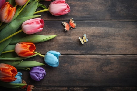 Easter eggs and tulips on wooden plate : Generative AIの素材