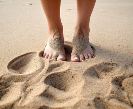 Two childrens feet in the sand : Generative AIの素材