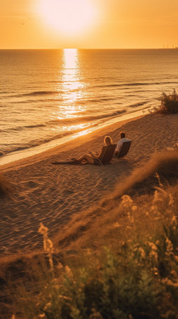 Man and woman in summer clothes laying at red beach chairs on sand beach while sunset and making selfie by the phone : Generative AIの素材